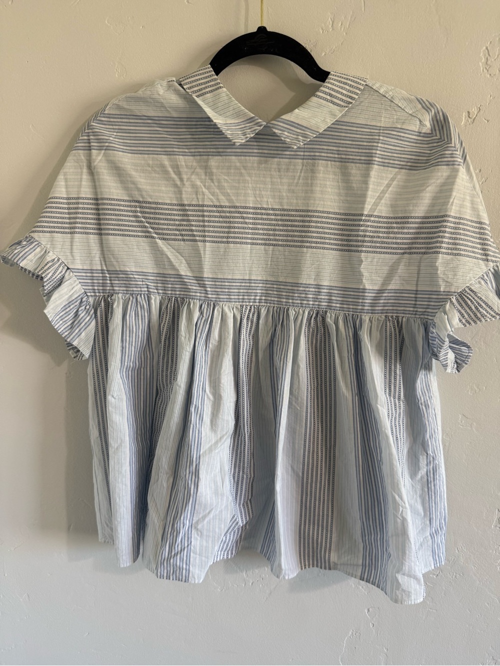Zara Trafaluc Striped Blue & White Ruffle Sleeve Top